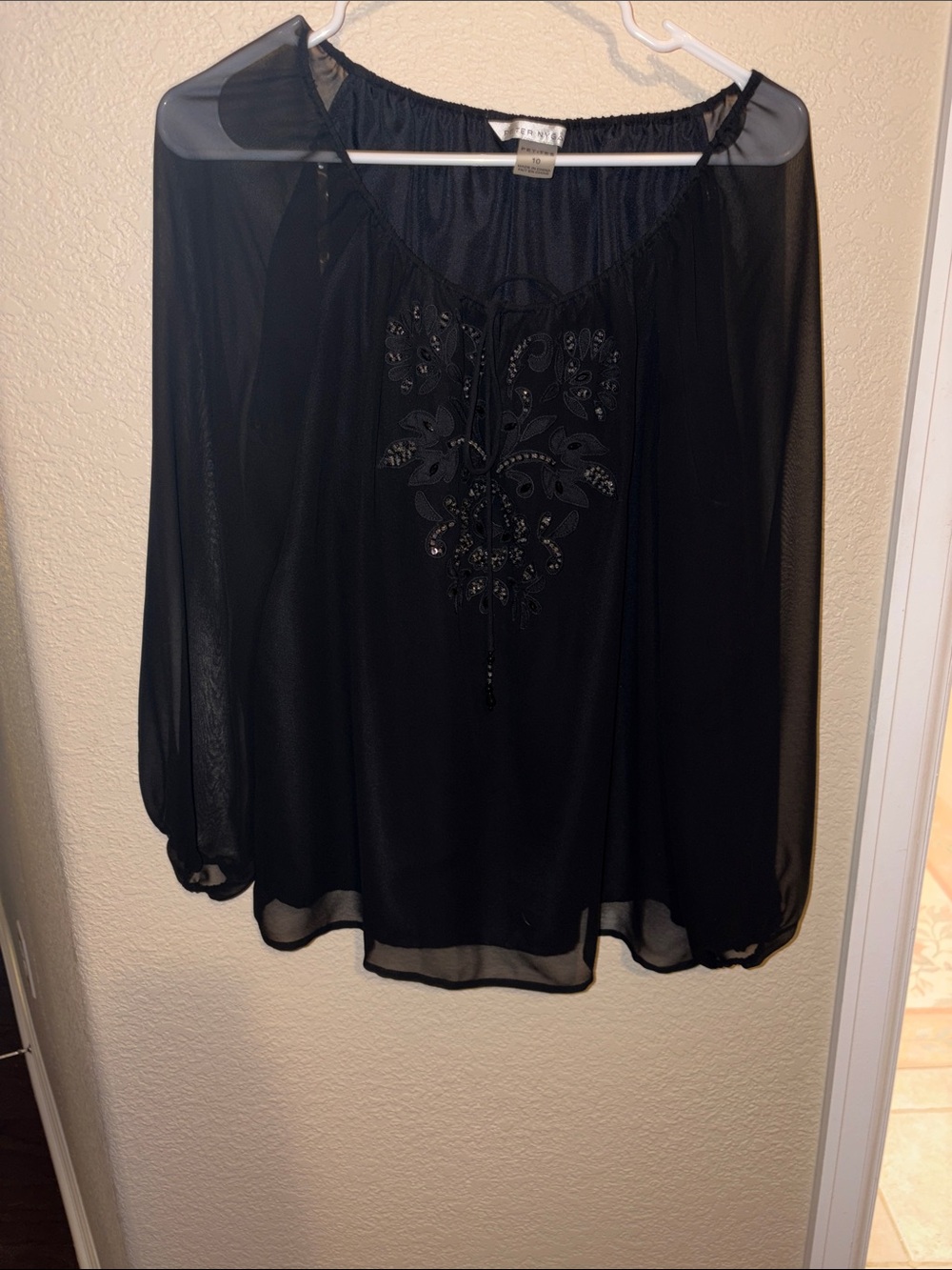 Peter Nygard Black Sheer Embellished Peasant Blouse